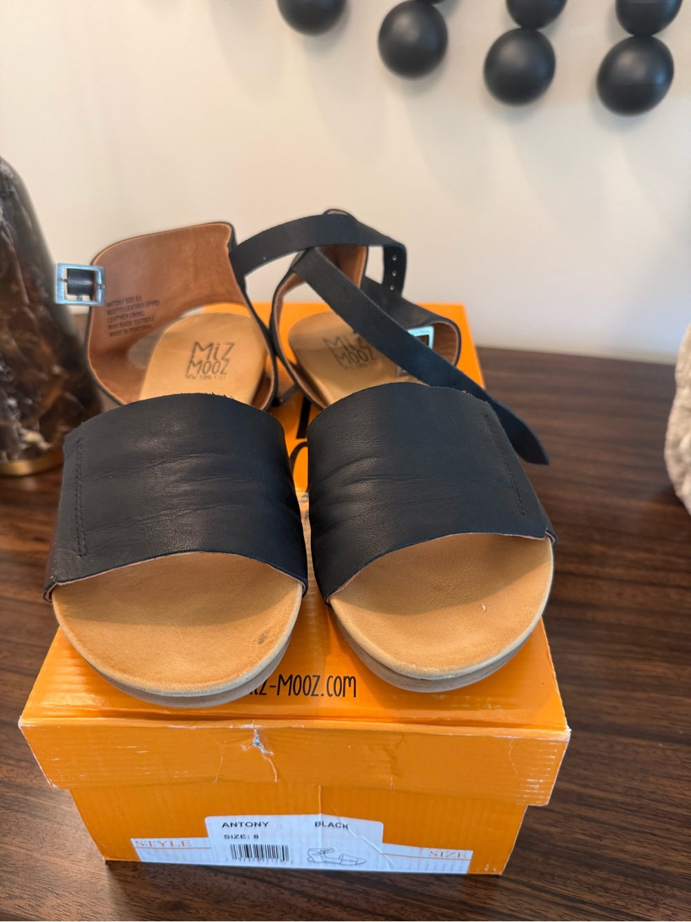 Miz Mooz Black Leather Open-Toe Ankle Strap Sandals